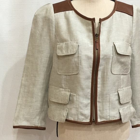 TIBI cropped linen/leather zip jacket peplum 10 - Picture 2 of 8